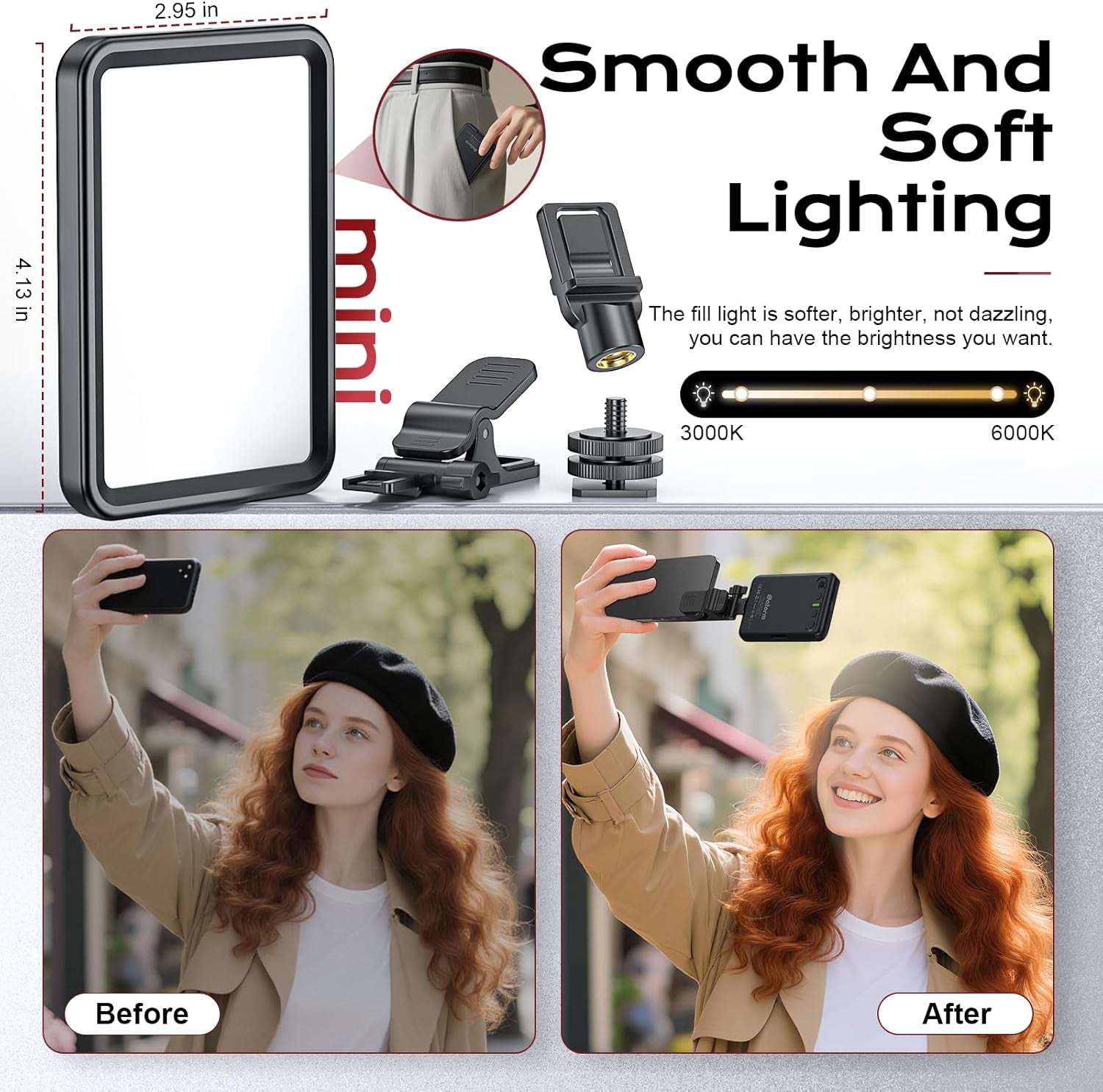 Rechargeable Soft Selfie Light for Phone, Camera, Laptop, 4-14H Battery Portable LED Light for Pictures, Phone Light Clip for Selfie, Vlog, Tiktok, Makeup, Video Conference Black