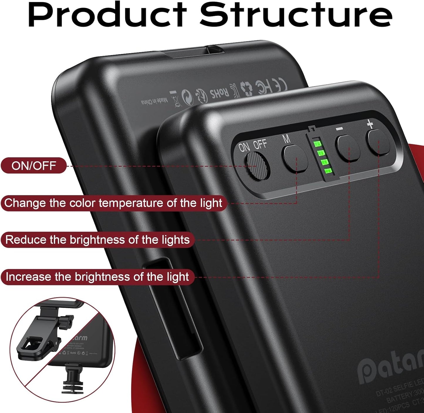 Rechargeable Soft Selfie Light for Phone, Camera, Laptop, 4-14H Battery Portable LED Light for Pictures, Phone Light Clip for Selfie, Vlog, Tiktok, Makeup, Video Conference Black